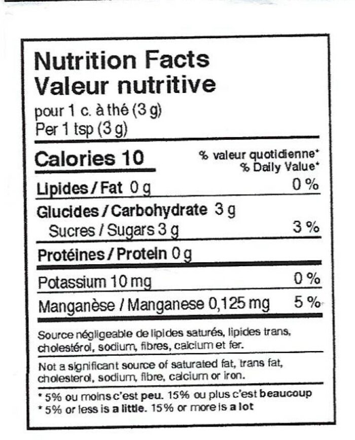 nutritional facts label for maple sugar product