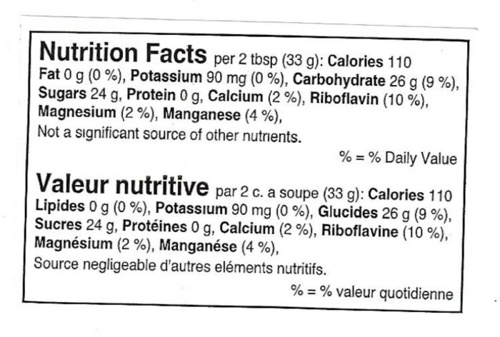 nutritional facts label for maple butter product